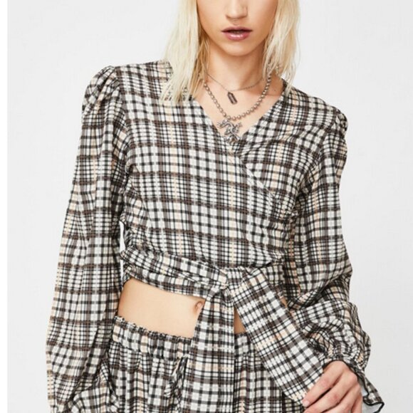 New Girl Order wrap crop top with puff sleeves in heritage check US size 6 - Picture 4 of 9